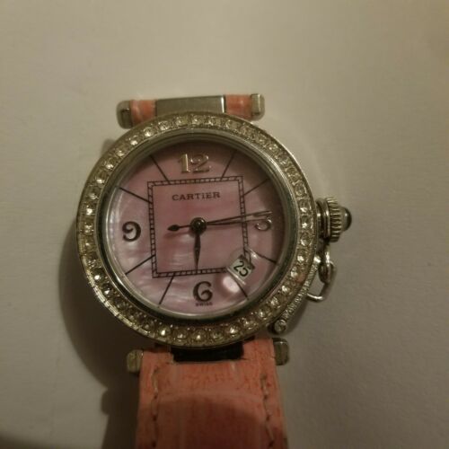 Cartier Women s Watch With Round Face Stones And Pink Leather Band