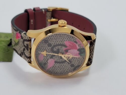 Gucci G Timeless SWISS Quartz Pink Blooms Leather Strap Ladies