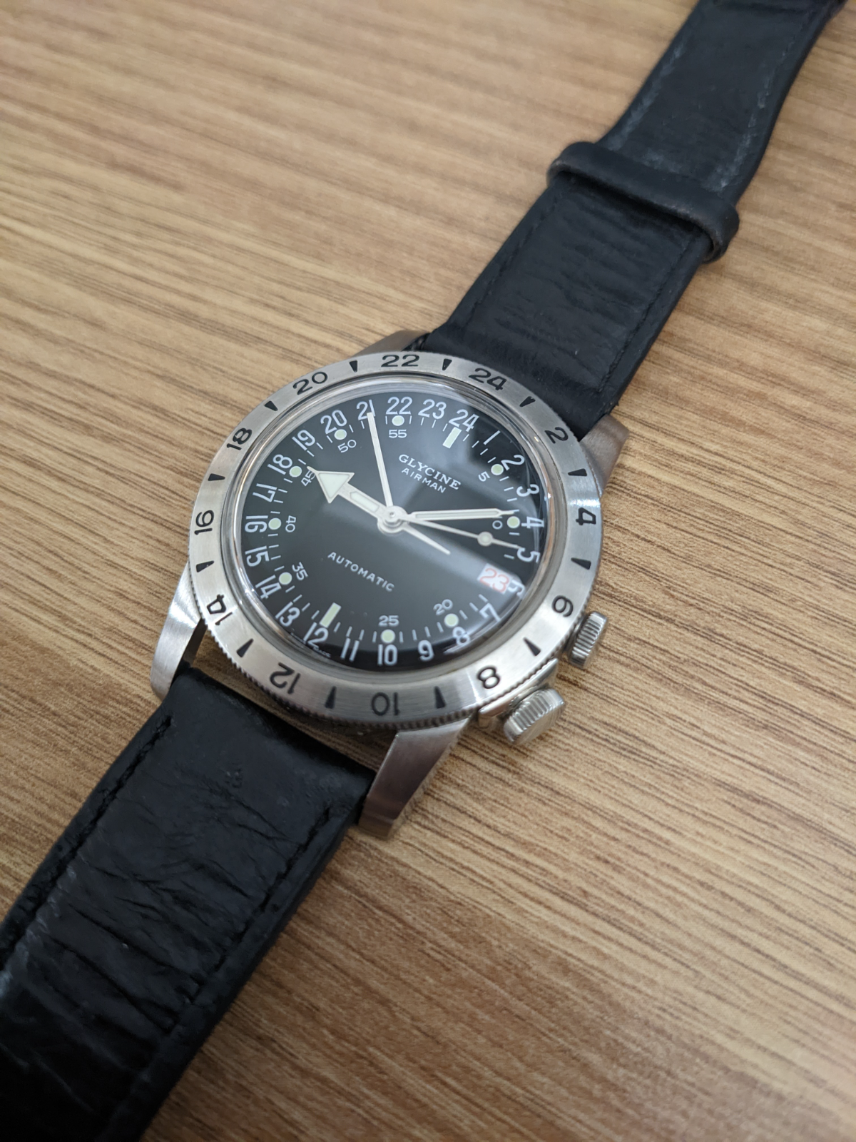Glycine Airman Nº1 Vintage GMT 36mm GL0370 Black Watch Full Set NO