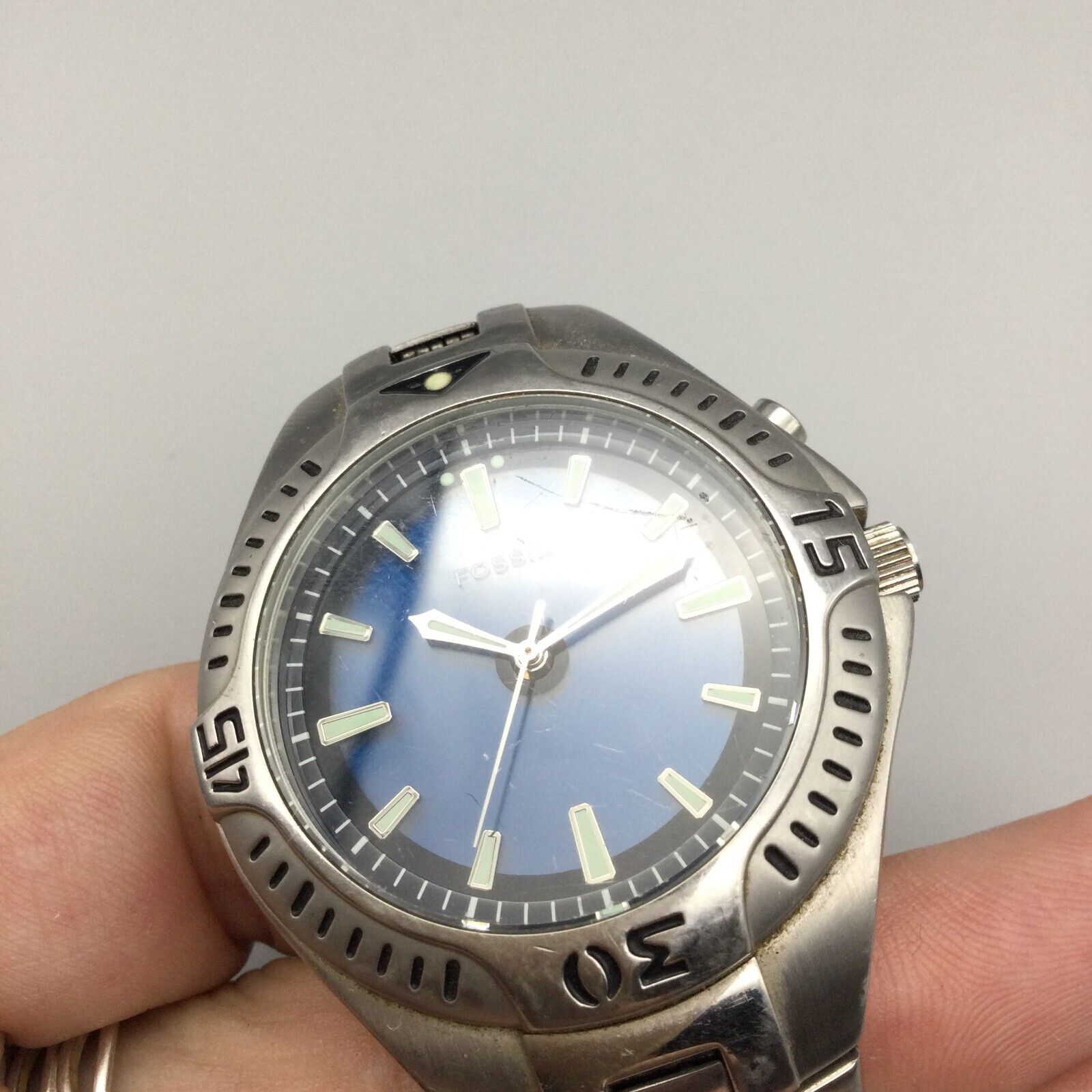 Fossil Big Tic kaleidoscope blue green dial silver tone watch NEW BATTERY Fossil Big Tic Watch Men Silver Tone AM-3538 Blue Green Dial  main image 3