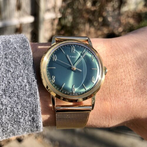 Timex Marlin Gold Green 34mm Handwound 60 s Reissue. Original Box