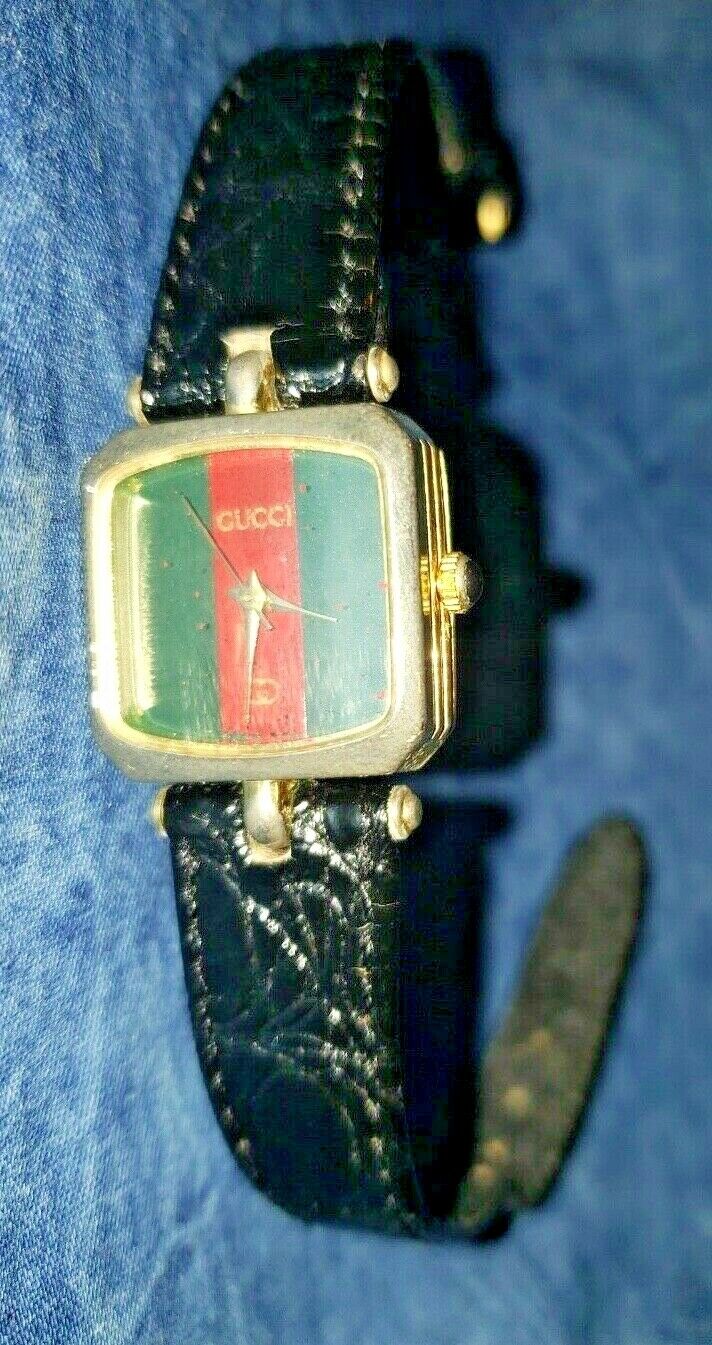 Vintage 1970s Ladies GUCCI Watch Green and Red Black Leather Band