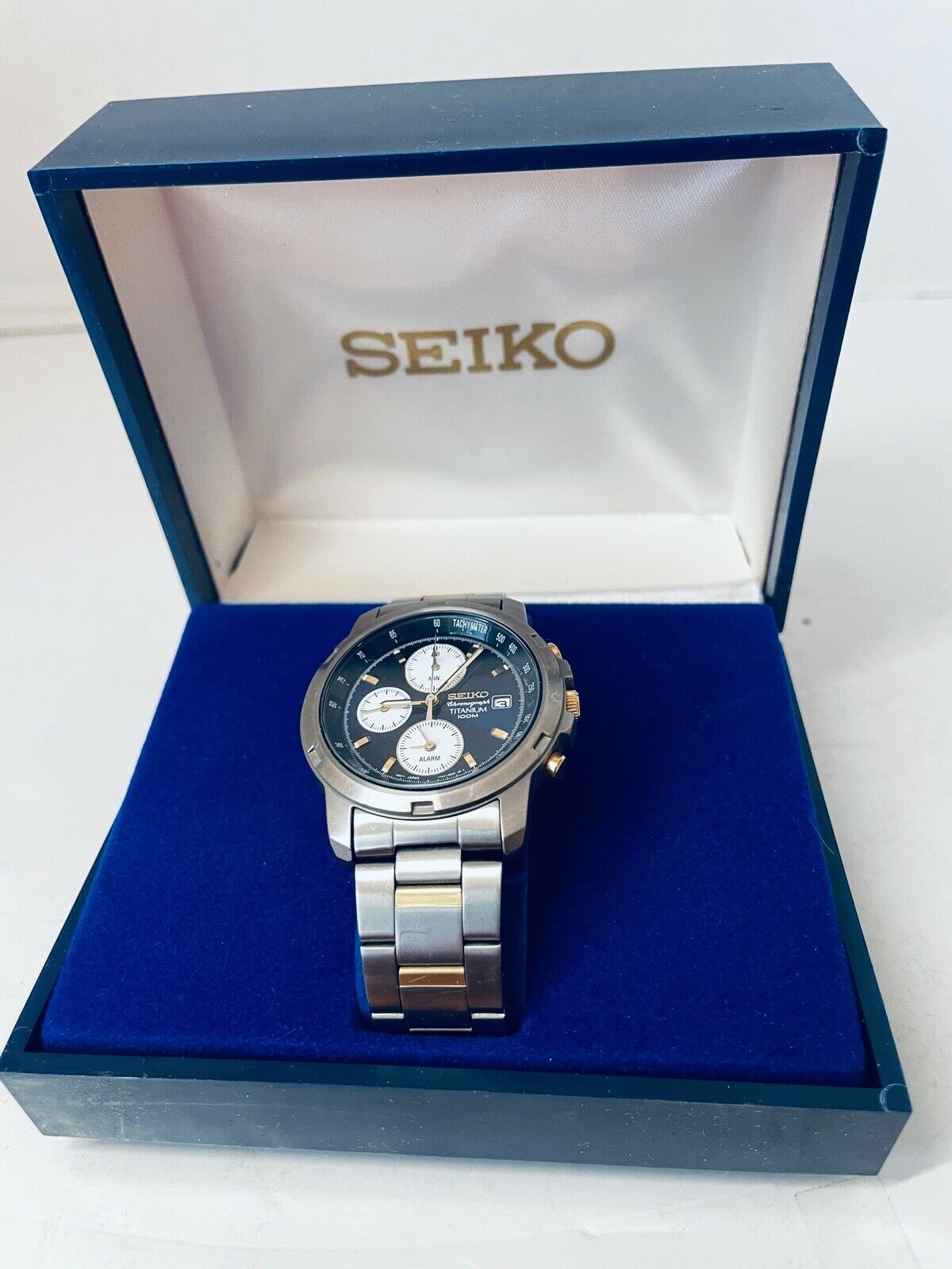 Seiko Mens 2 Tone Chronograph Wrist Watch 7T62 Alarm Timer Box