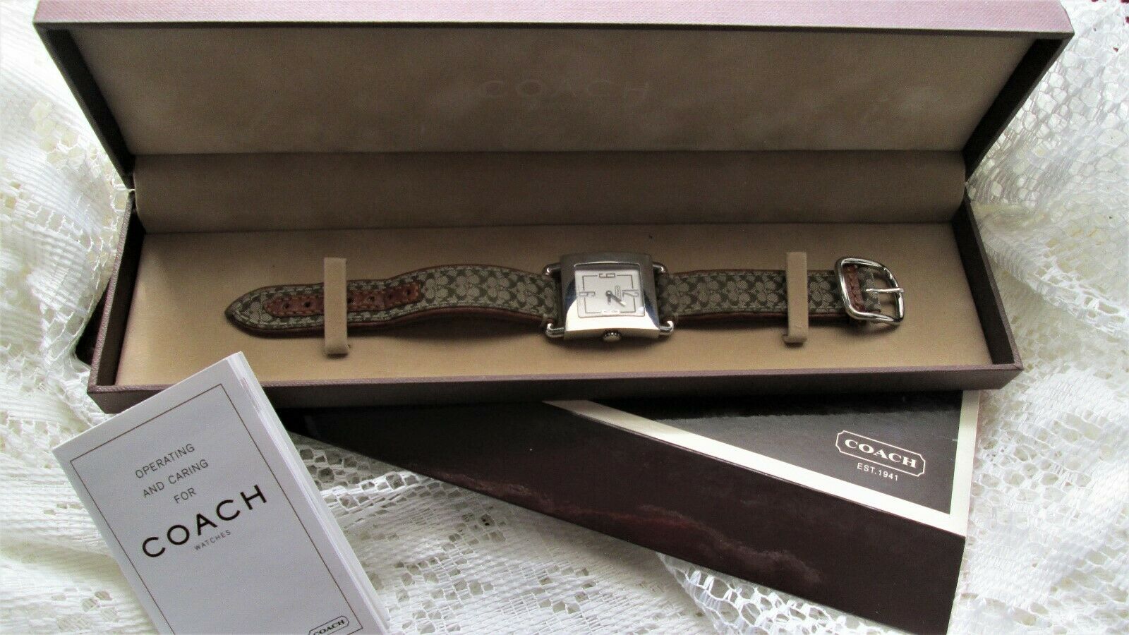 ⌚Coach ~ Silver Square Face 0221 Watch Signature C Canvas 
