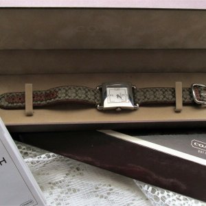 Coach Brown Signature C Canvas Watch with Silver Tone Case ⌚Coach ~ Silver Square Face 0221 Watch Signature C Canvas  main image 4