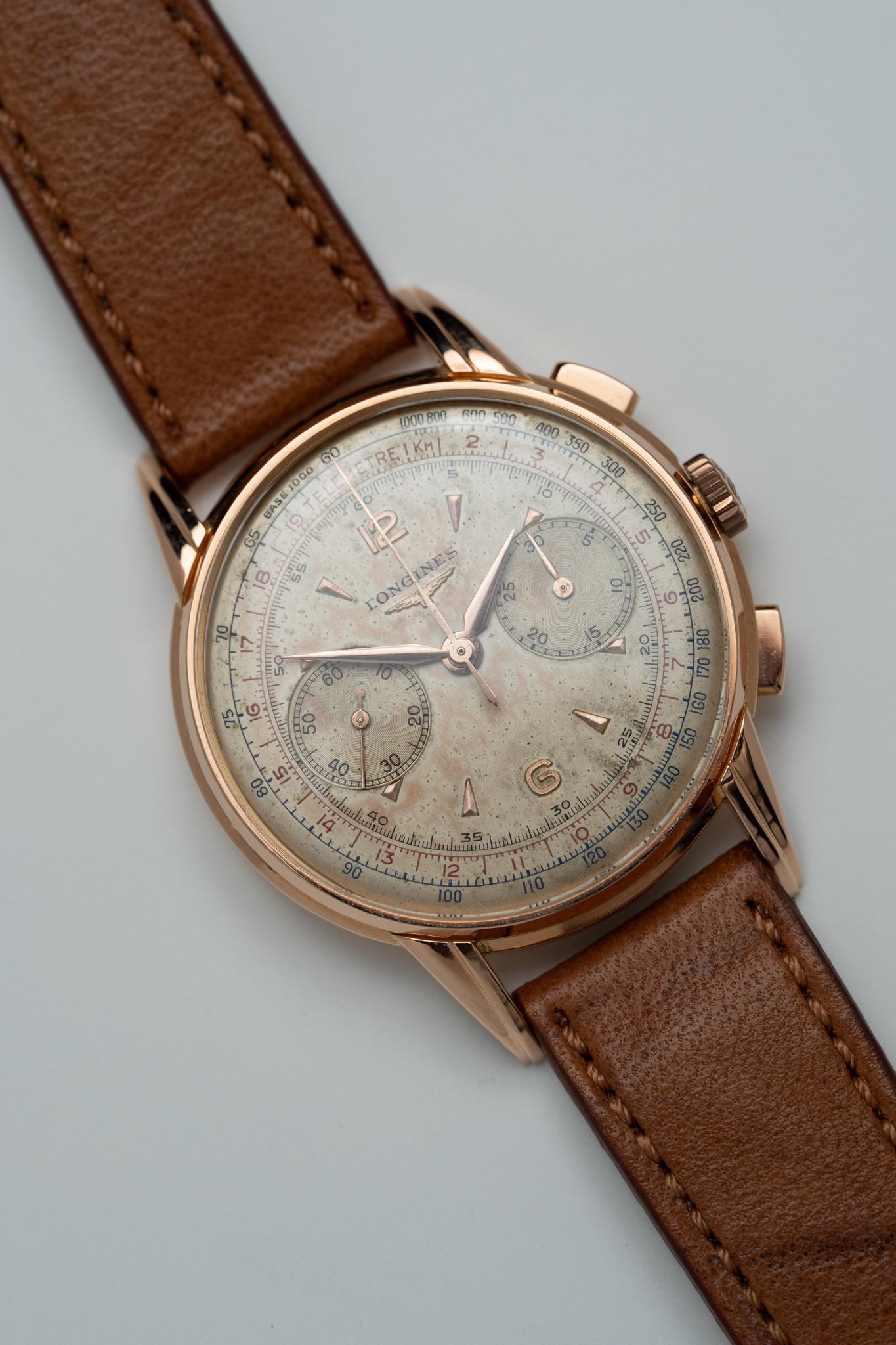 WTS Longines Chrono Ref. 5966 7 circa 1952. 18k Pink Gold. Watch