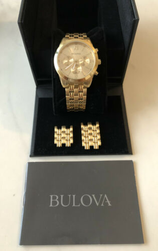 Bulova 97A128 Men s Gold tone Wristwatch w Box Booklet Extra