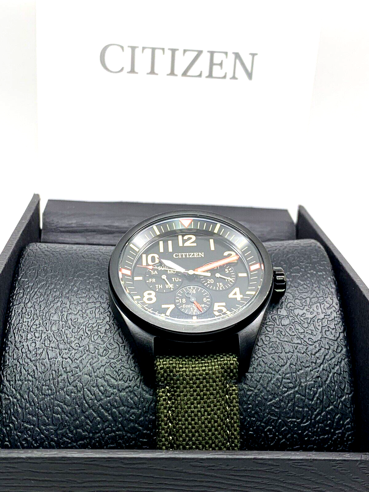 Citizen Men s Watch Eco Drive BU2055 16E Black Dial Day Date Green Strap 43mm WatchCharts Marketplace