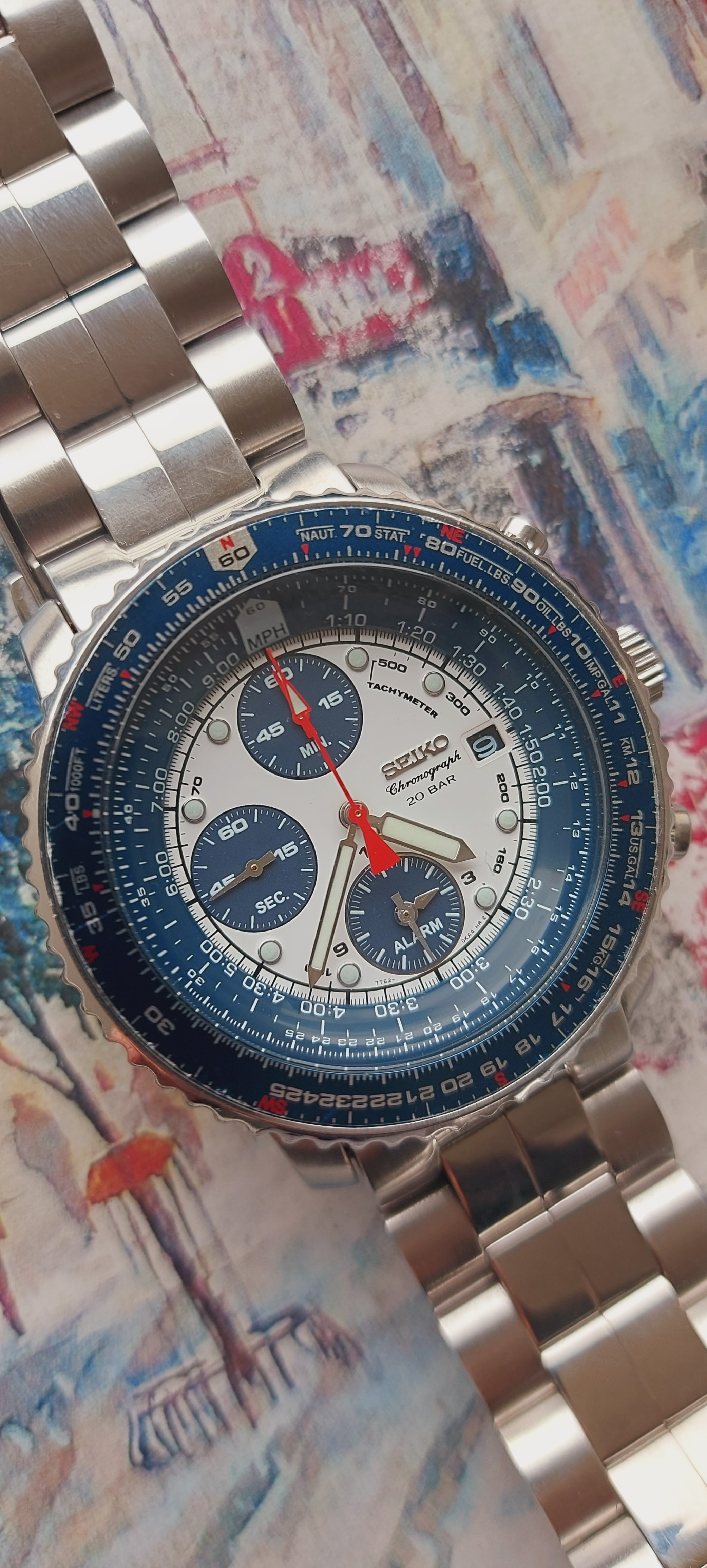 WTS Seiko Chronograph SNA 413 flightmaster blue white