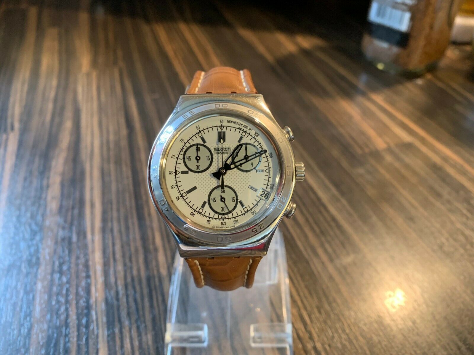 SWATCH IRONY CHRONOGRAPH TACHYMETER LEATHER STRAP YCS457 