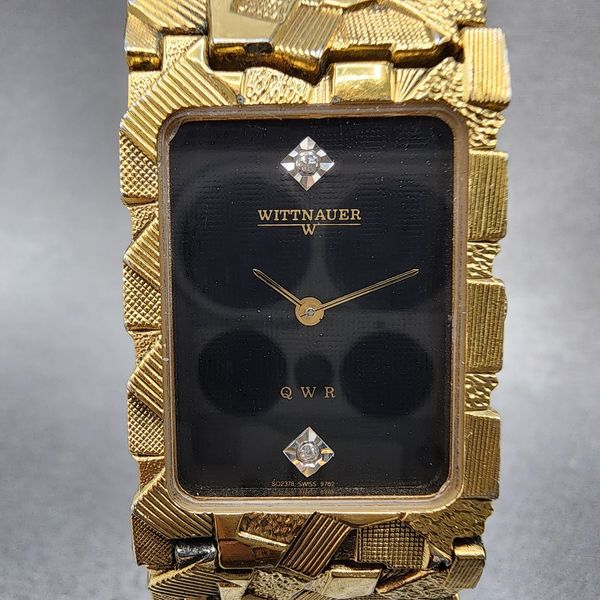 Wittnauer QWR Tank Watch Men 23mm Black Dial Gold Tone Rectangle New ...