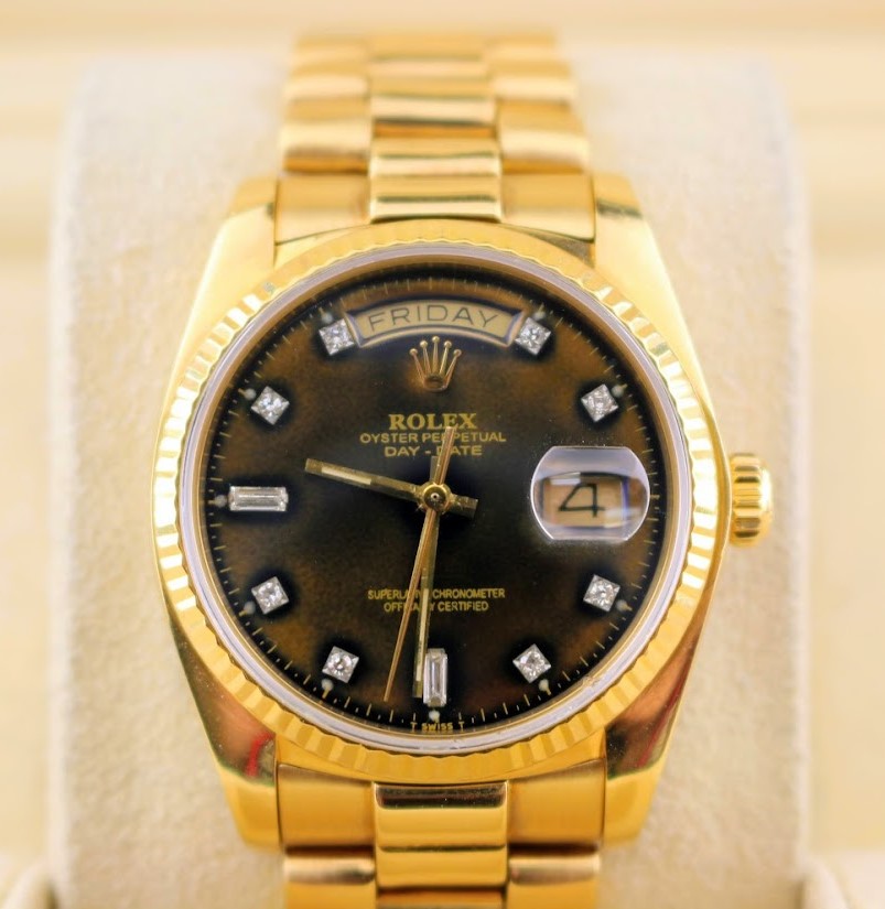 1983 Rolex Day Date 18038 Faded Black Tahitian Diamond Dial 18kt