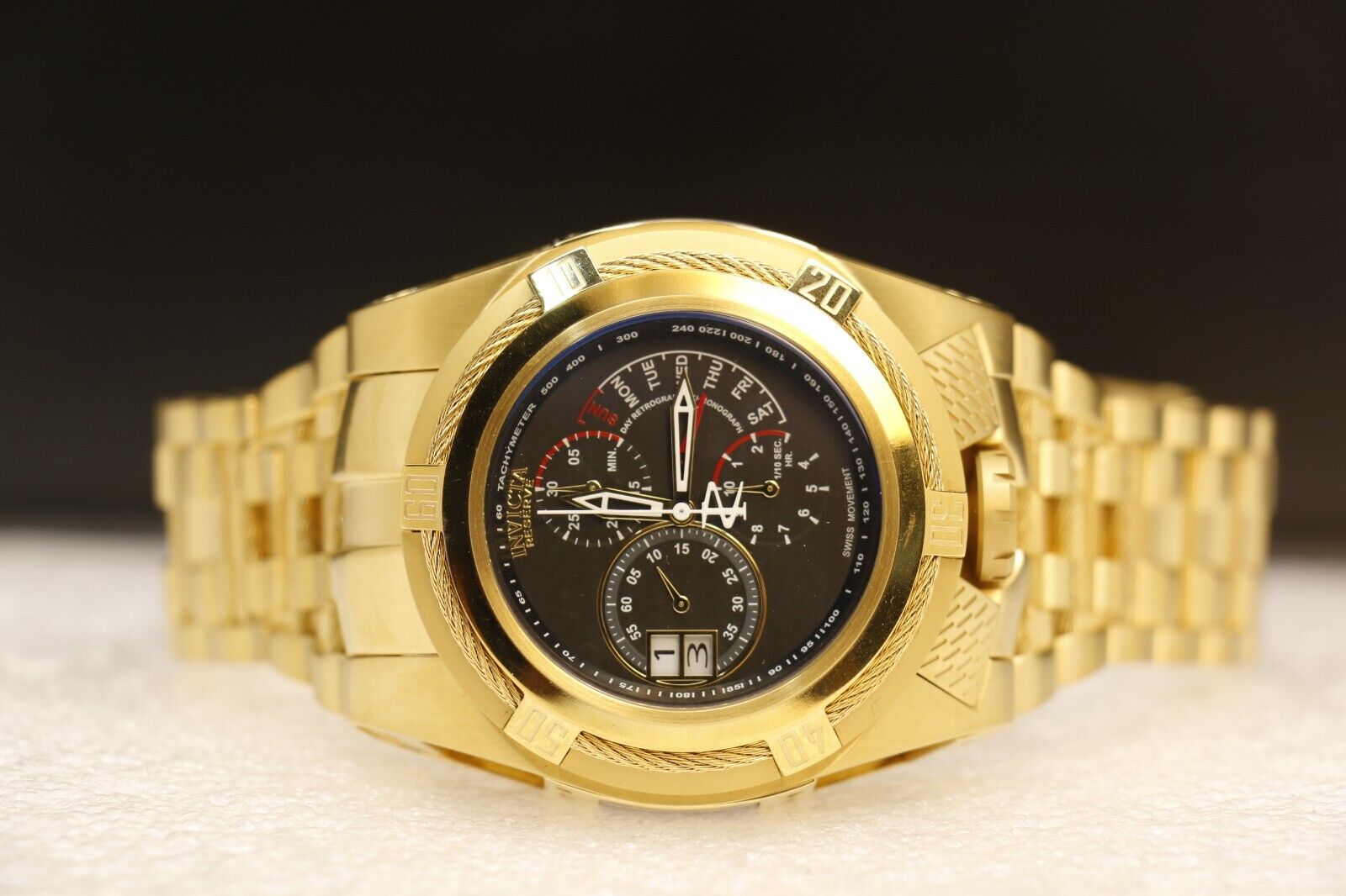 Invicta Tria Reserve Men s 56mm Bolt Zeus Swiss 3 Time Zones Gold tone 16956 WatchCharts Marketplace