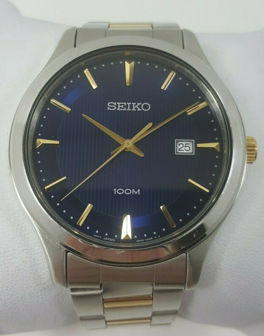 Seiko Quartz Blue Dial Two Tone Stainless Steel Men s Watch 6N42