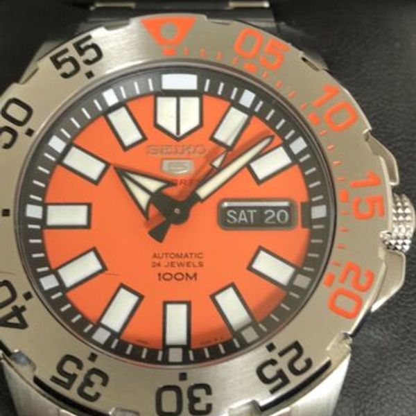 seiko baby monster automatic orange dial stainless steel men's watch srp483