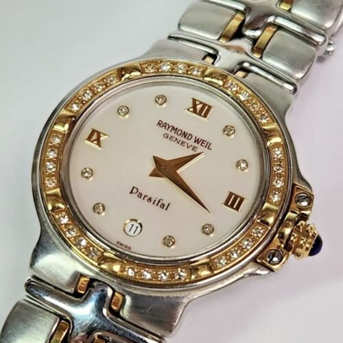 18k Raymond Weil Parsifal 9990 MOP Diamond Dial Bezel Wristwatch