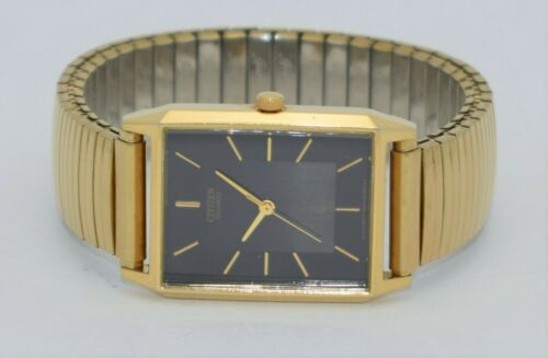 CITIZEN Quartz Gold-Tone Black-Dial Mens Watch 6031-K02627 EUC w