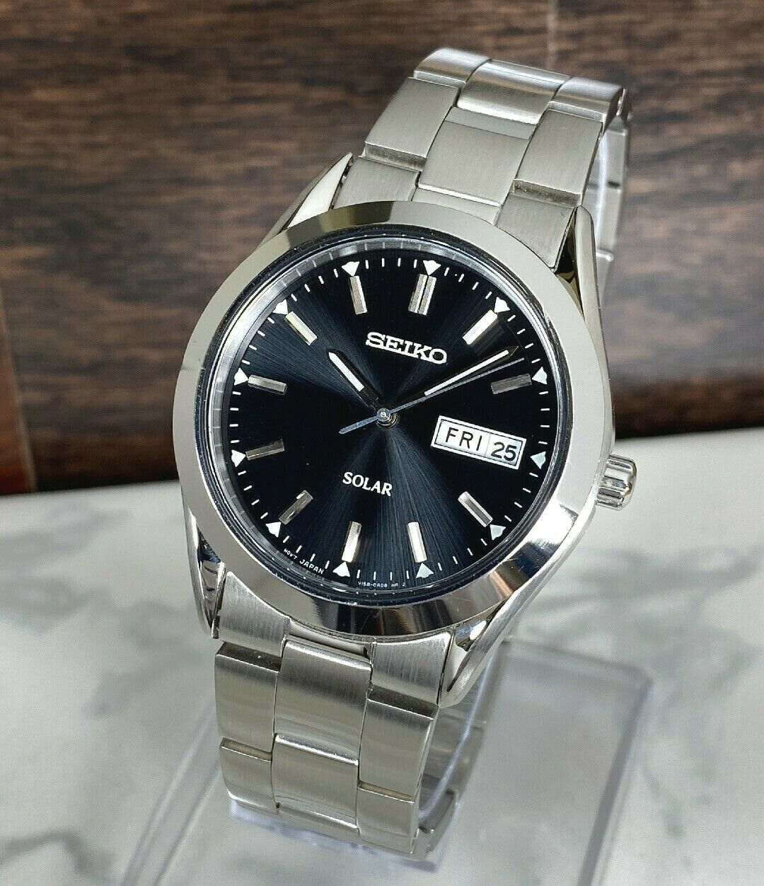 Seiko Solar Silver Tone Stainless Steel Black Dial Day Date Men's Watch  SNE039 | WatchCharts