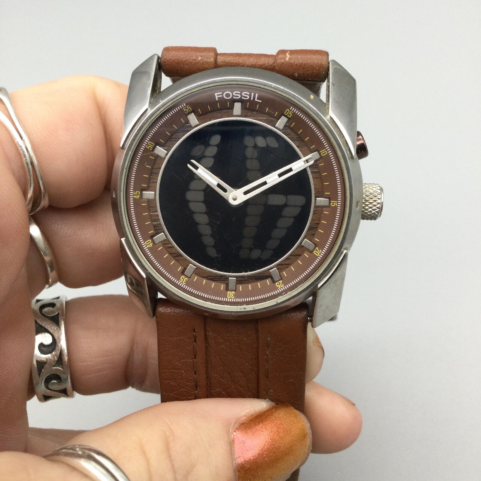 時計 fossil big tic leather analog digital Rare Early 2000's Fossil Big Tic Analog Digital Hybrid Watch