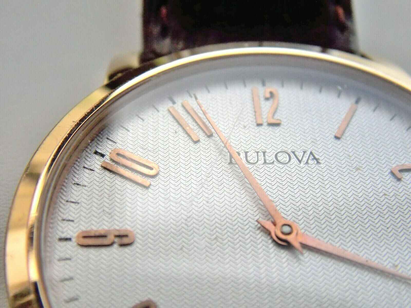 BULOVA WATCH C435273 38 MM MENS GOLD TONE BEZEL SILVERY WHITE FACE BROWN LEATHER WatchCharts Marketplace