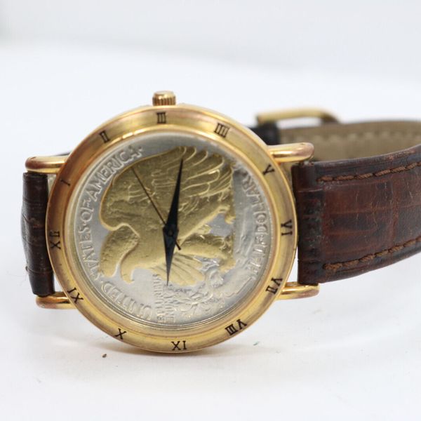 Vintage Mens Waltham XCC8 Walking Liberty Half Dollar Gold Tone
