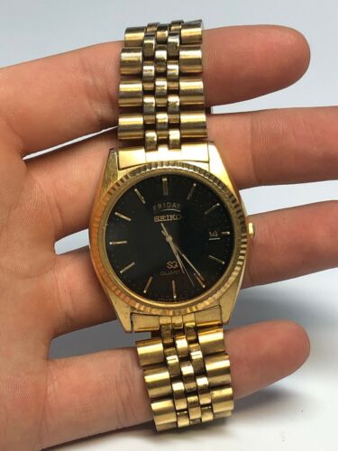 Vintage Seiko SQ Quartz 5y23-8A69 Black Dial gold Tone Wrist