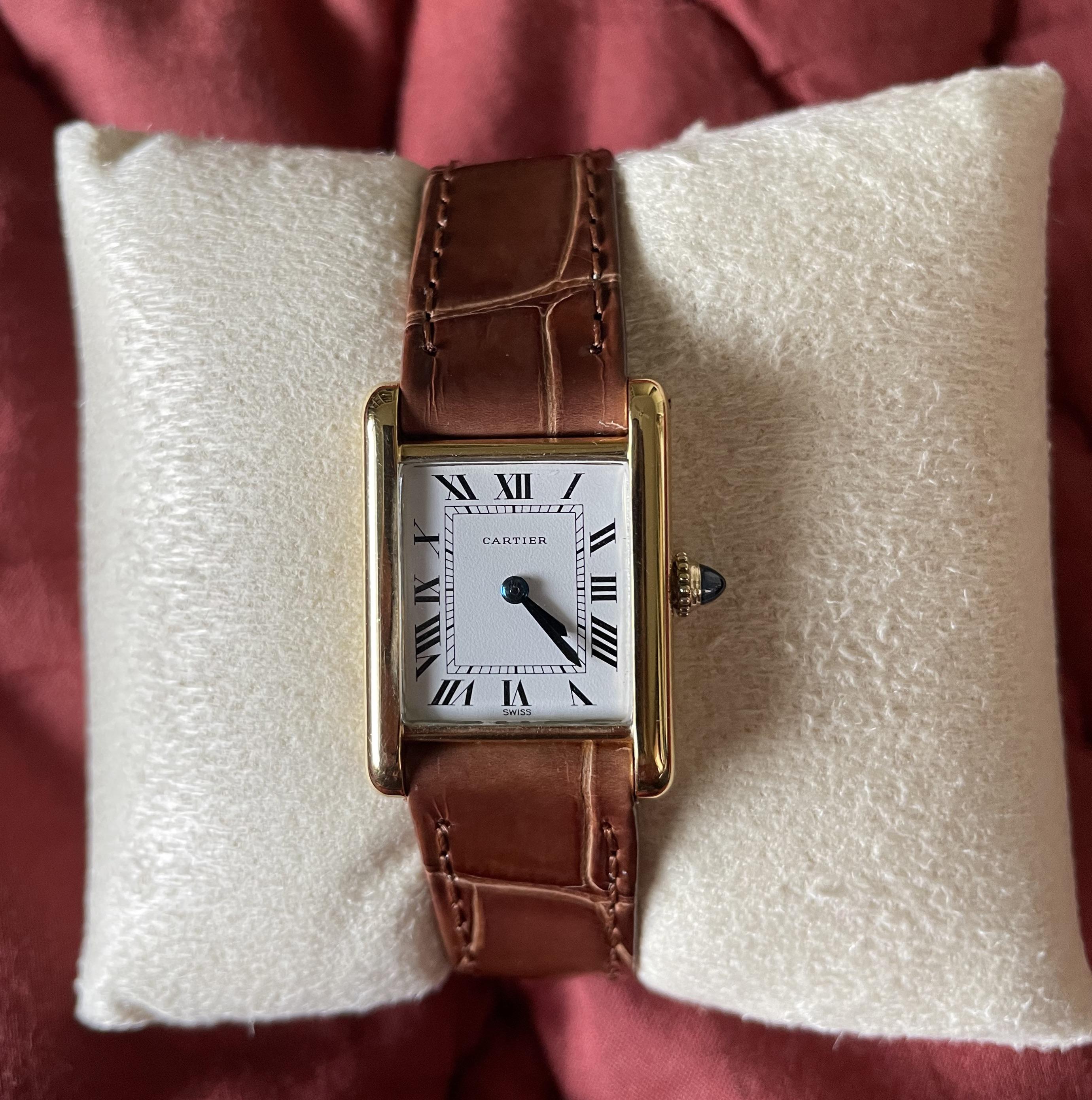 Cartier Mini Tank Louis Gold / Black Leather Wrist Watch for Women
