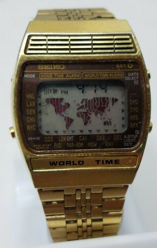 Vintage SEIKO WORLD TIME A239-5020 Watch - Rare Red Map Gold Model