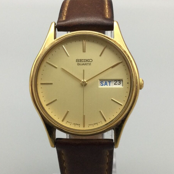Seiko Watch Men Gold Tone 7N438A89 Date Brown Leather Band New Battery