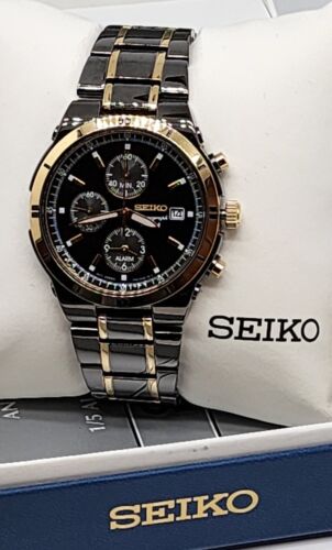 SEIKO Quartz Alarm CHRONOGRAPH Black and Gold ION MEN S WATCH