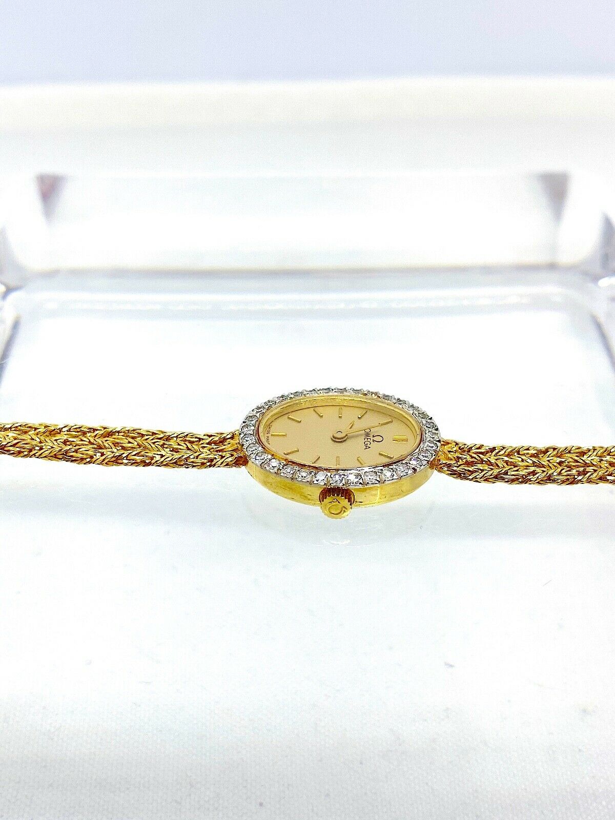 Vintage Ladies 14k Yellow Gold Omega Rope Chain Watch With Diamond