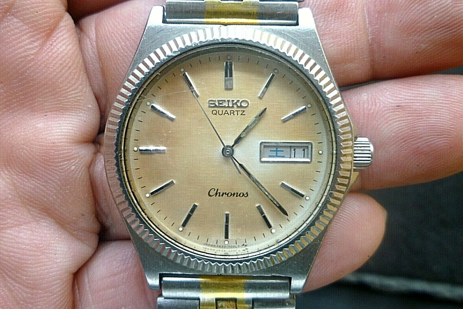 Mens 35mm SEIKO CHRONOS 2j Quartz 7433-7010 SS 8 3/4