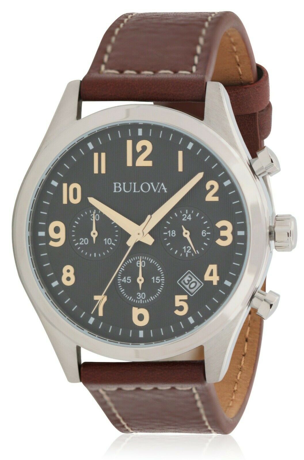 Bulova Men s Quartz Chronograph Grey Dial Brown Leather Strap 42mm Watch 96B301 WatchCharts Marketplace