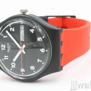 New Swiss Swatch Originals Red Grin Silicone Day Date Watch 34mm 
