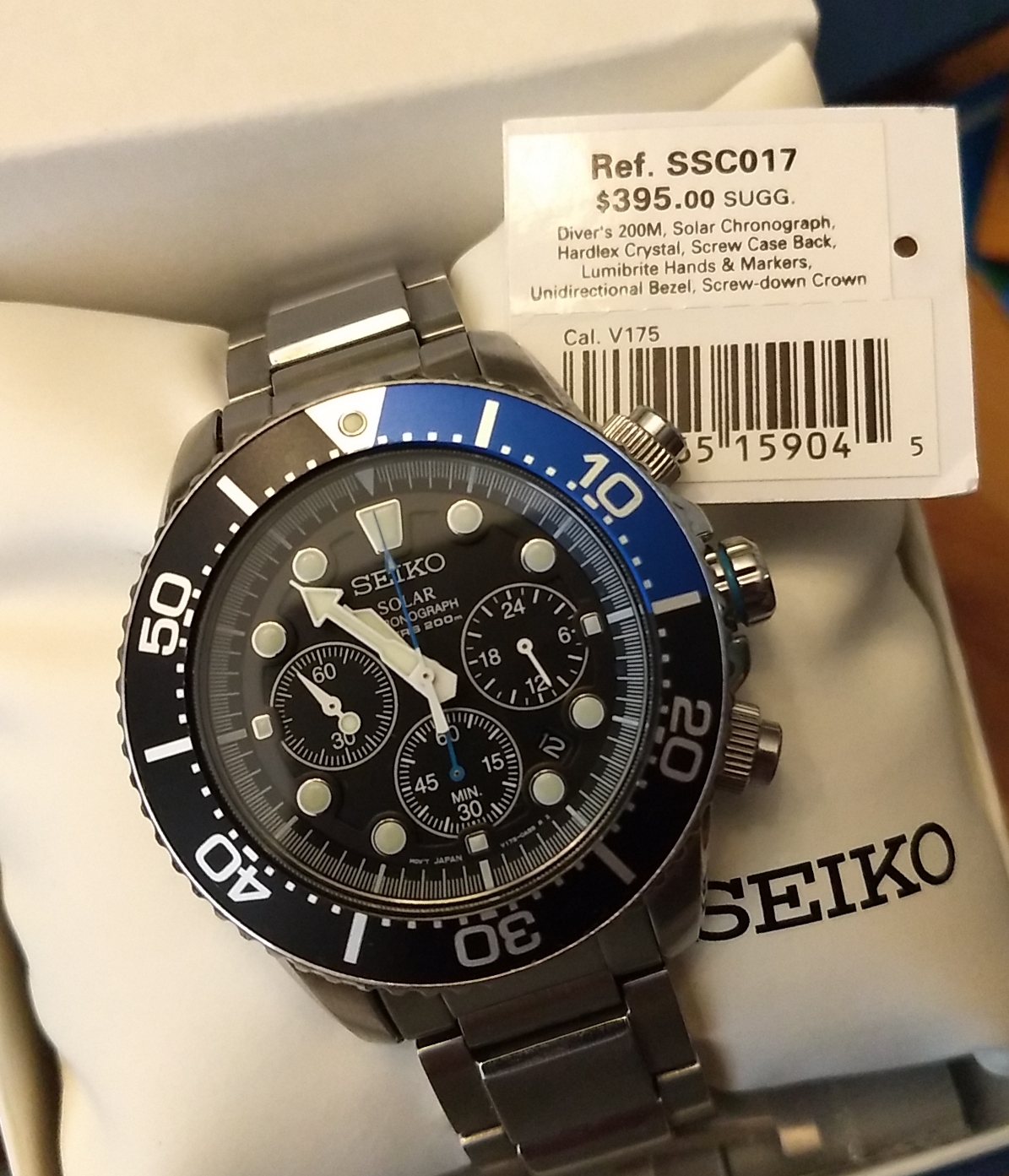 FS: seiko solar chronograph #ssc017 black and blue bezel, steel bracelet |  WatchCharts