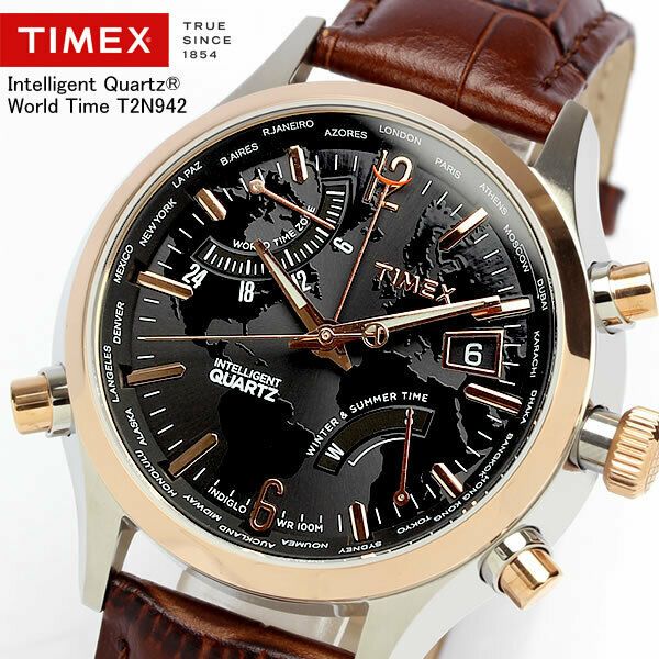 Timex T2N942 Intelligent Quartz Men s World Time Watch Brown Leather Strap WatchCharts Marketplace