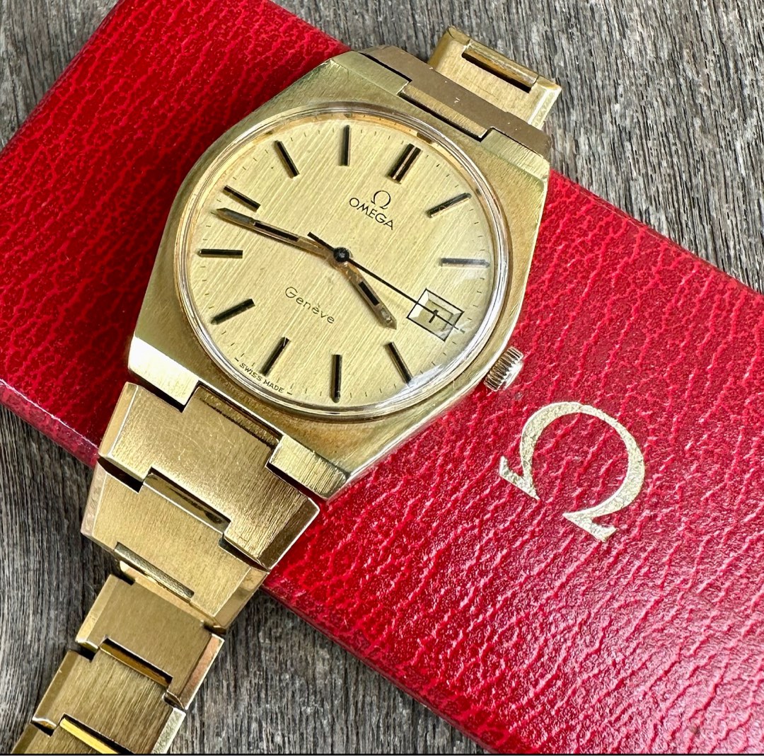 Box set Gold dial Sharp case vintage Omega Geneve DAY