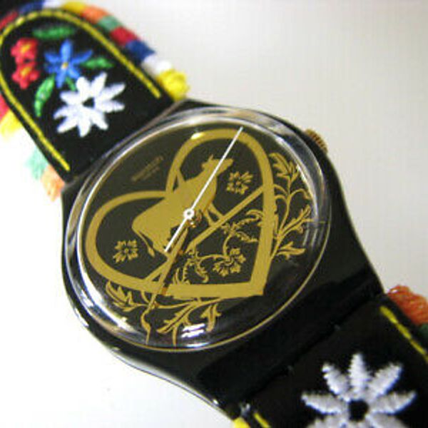 DIE GLOCKE! Swatch COW BELL Embroidered Flowers Leather Band Swatch! NIBRARE! WatchCharts