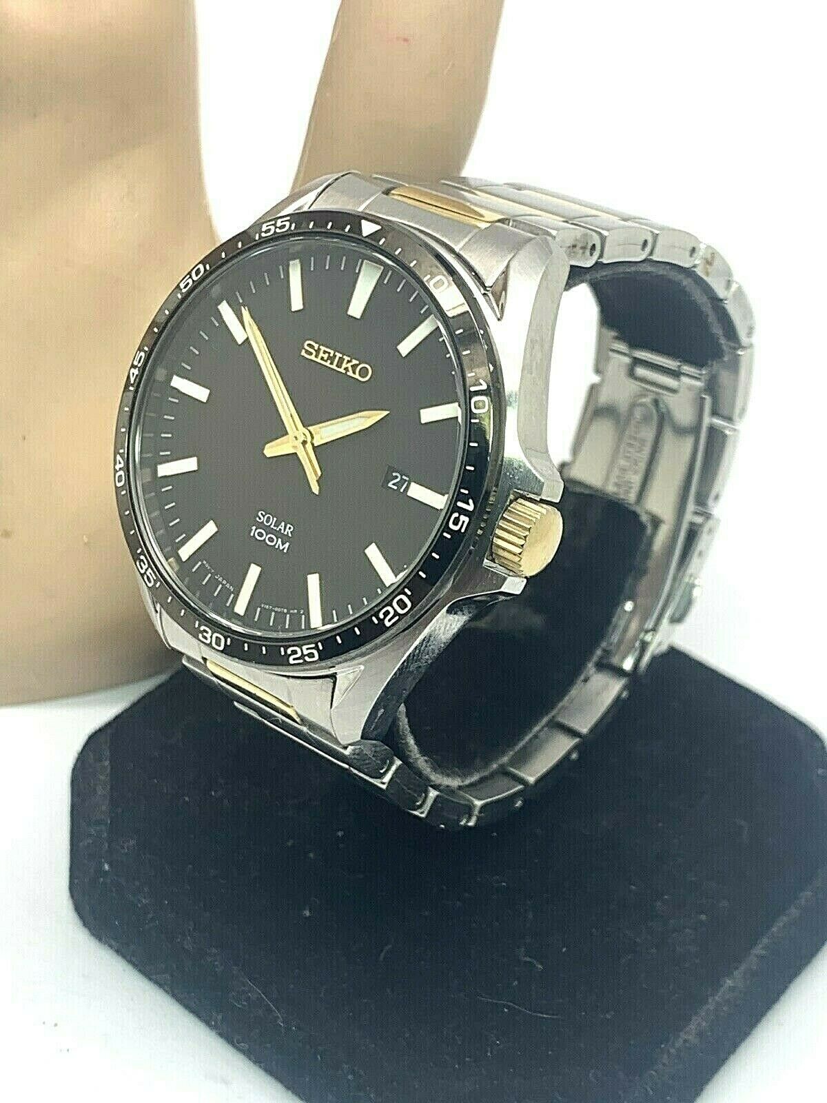 Seiko Solar Black Dial Date Two Tone V157-0CP0 Mens Watch SNE485