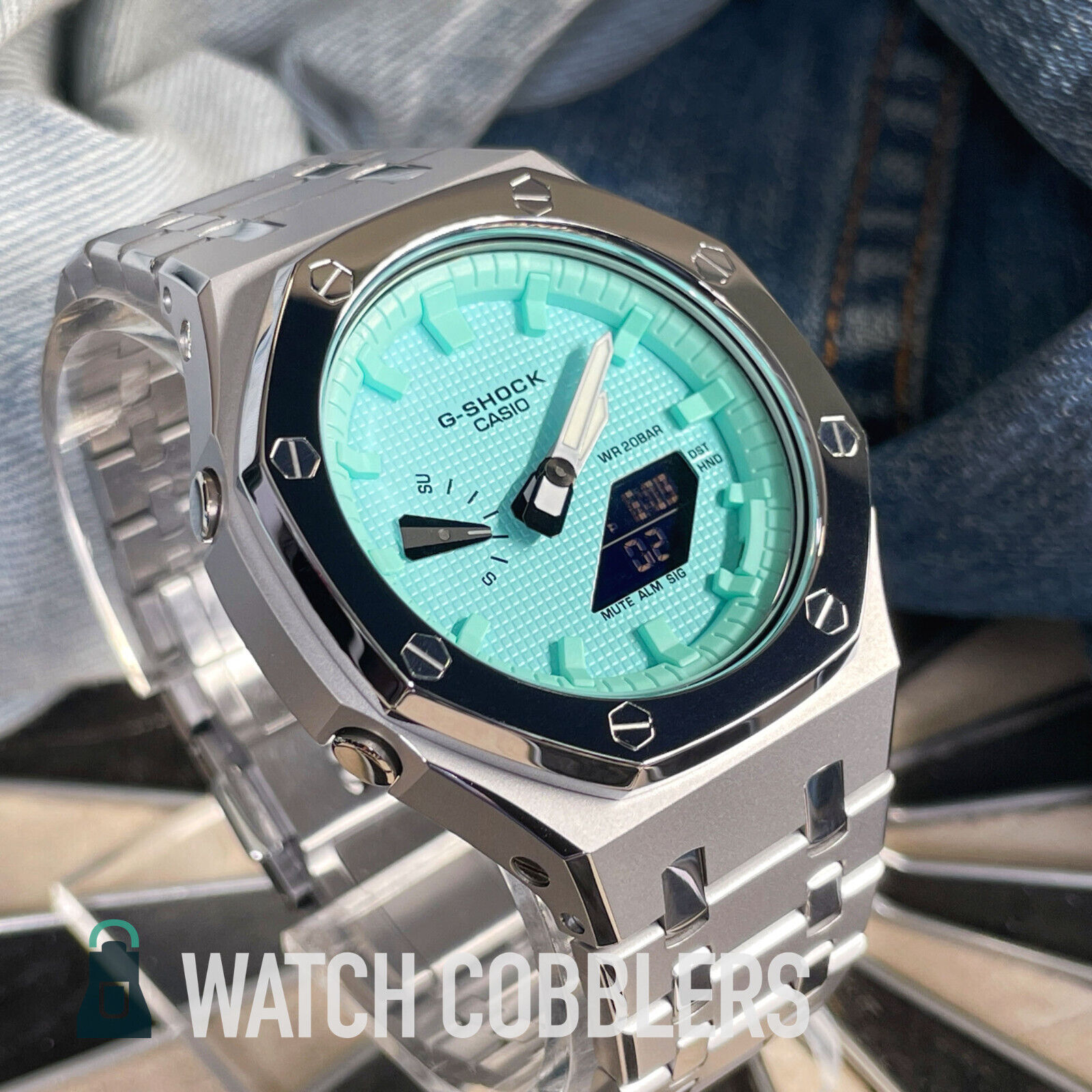 Custom Tiffany Blue G-Shock Mod Polished Silver Steel Casio