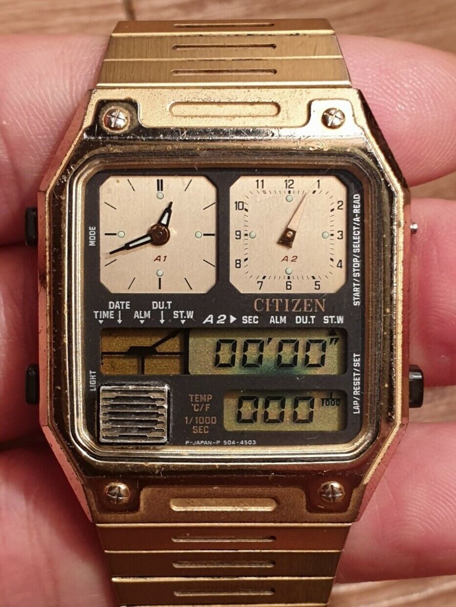 Vintage Citizen 1970s Ana-Digi Temperature Robot Gold 8980 Japan