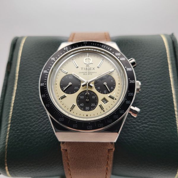 Timex Panda Collection Timex Q Chronograph Panda Dial TW2V42800 Brown Leather Strap Men's ...