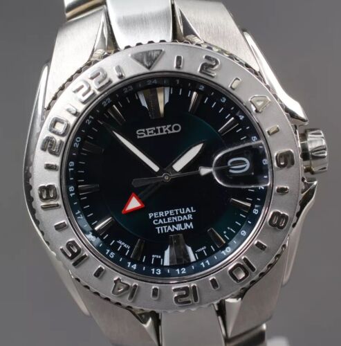 Near MINT Box] SEIKO Perpetual Calendar 8F56-0040 GMT Titan Quartz