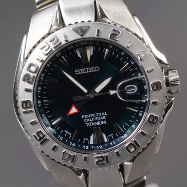 Near MINT Box] SEIKO Perpetual Calendar 8F56-0040 GMT Titan Quartz