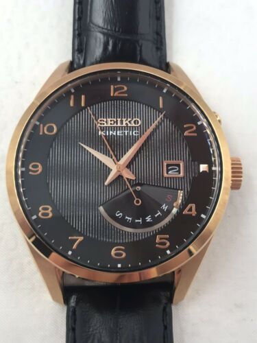 Mens Seiko Kinetic Rose Gold Black Leather Strap Watch 5M84 0AC0