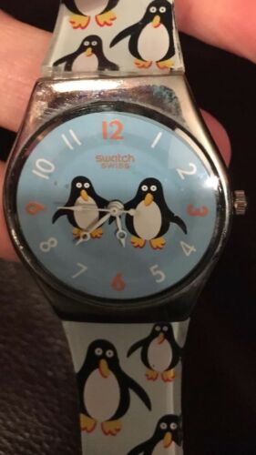 Swatch Watch Penguin Band Light Blue Face With Two Penguins 