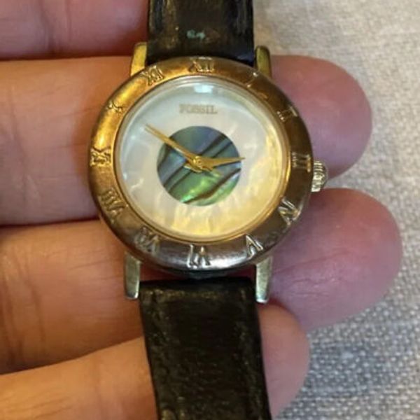Vintage 80s Fossil Abalone Inlay Women's Watch Black Leather