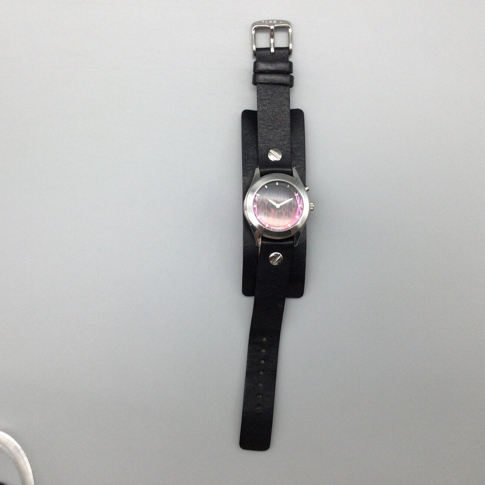 Fossil Big Tic Watch Women Silver Tone Flame Pink Black 
