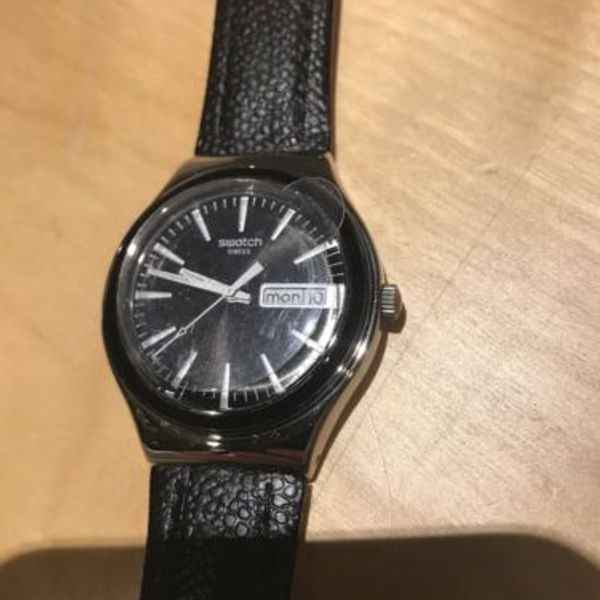 Swatch Irony YGS744 Watch Black Face Black Leather Strap New Old Stock ...