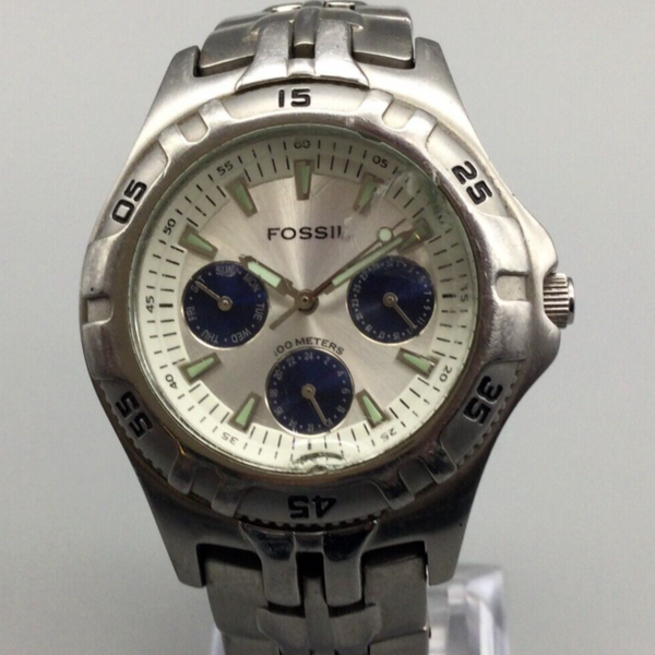 Fossil Blue Watch Unisex 35mm Silver Tone Round Dial Day Date New